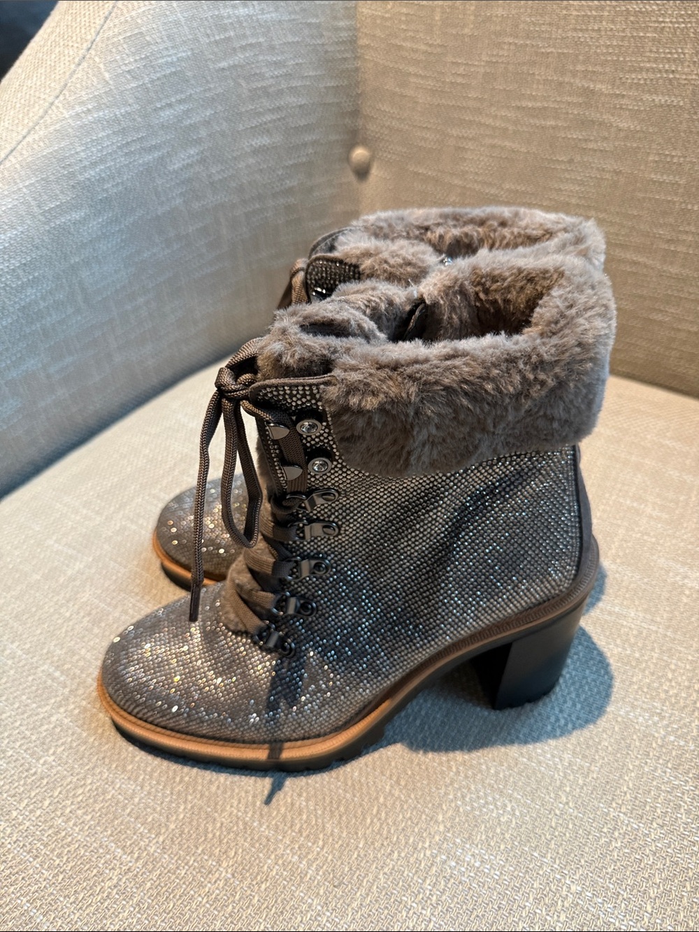 Jennifer Lopez Gray Faux Fur Lace-Up Boots with Subtle Sparkle - Picture 2 of 4